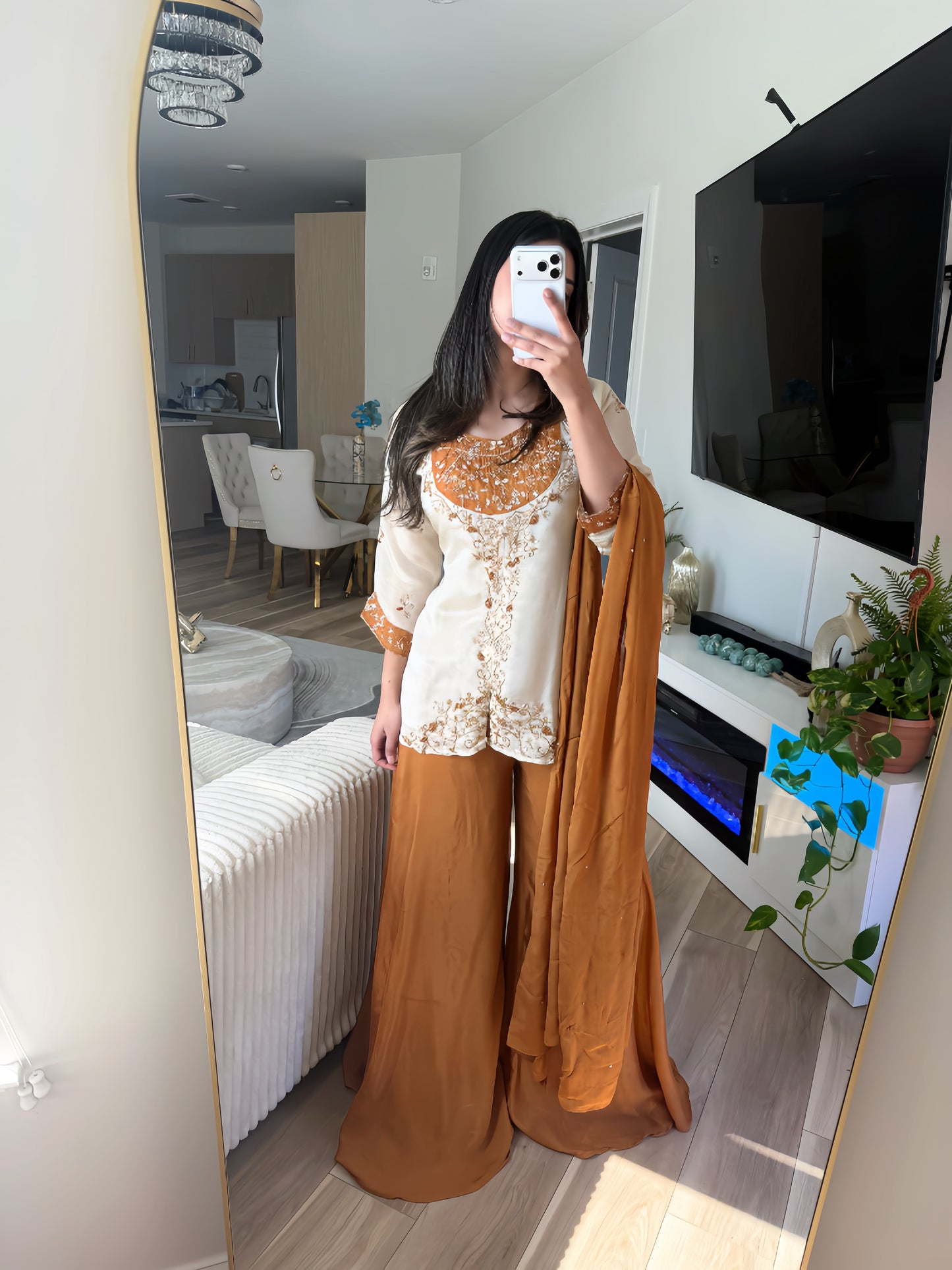 Cream and caremal short kameez suit