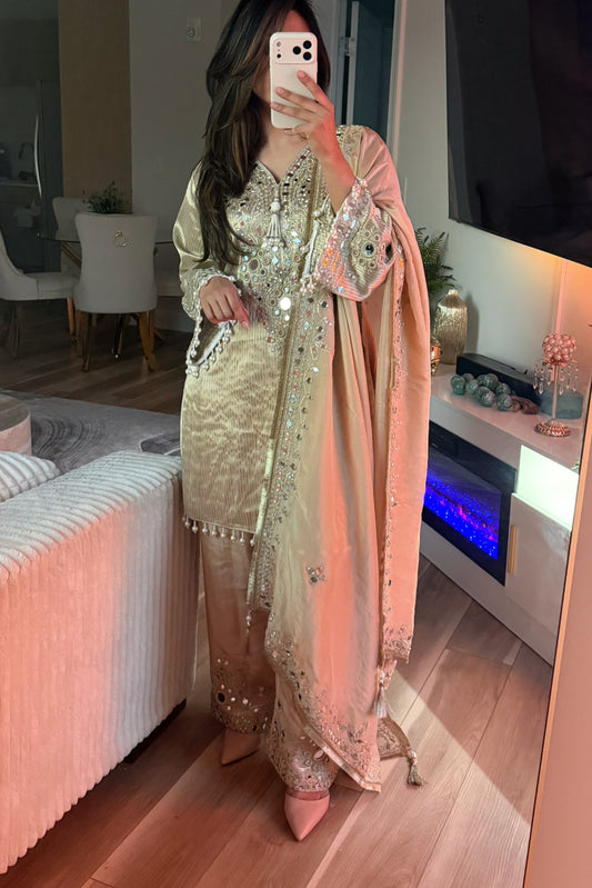 Ivory gold hand work mirror farshi suit