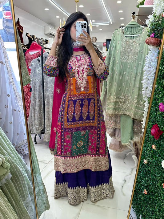 Fancy pink & blue silk suits with mirror work