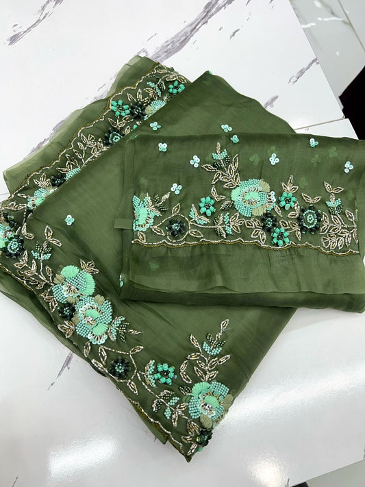 Olive green organza saree