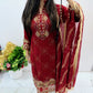 Maroon heavy embroidered lawn suit