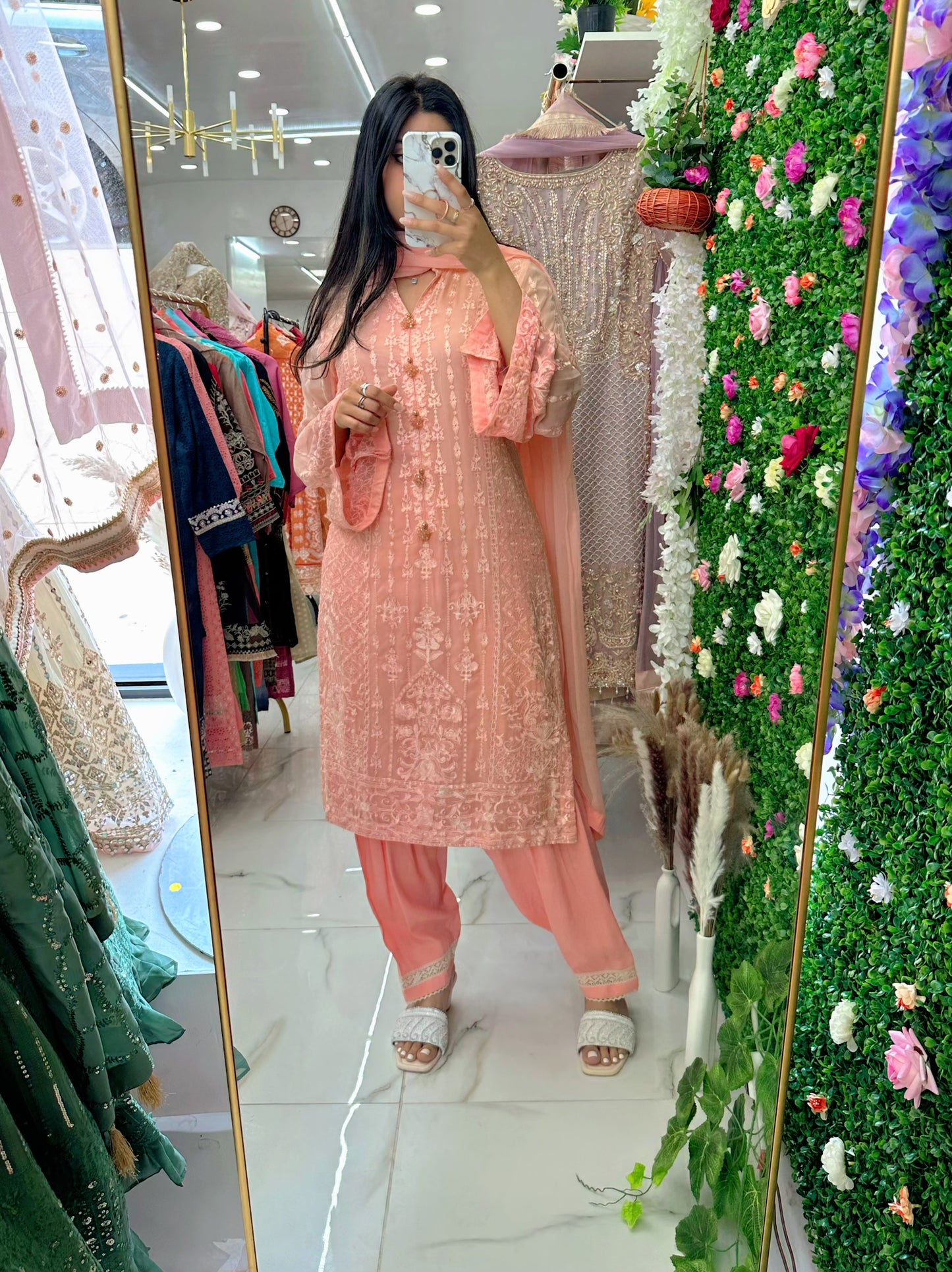 Peach chiffon embroidered suit