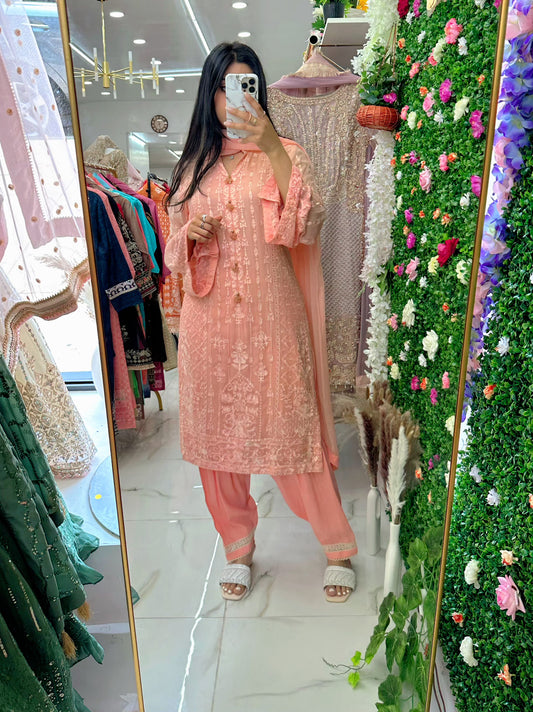 Peach chiffon embroidered suit