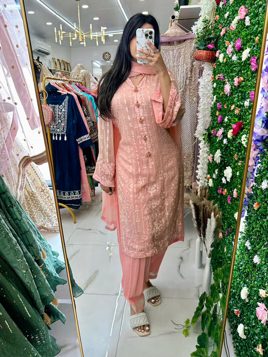 Peach chiffon embroidered suit