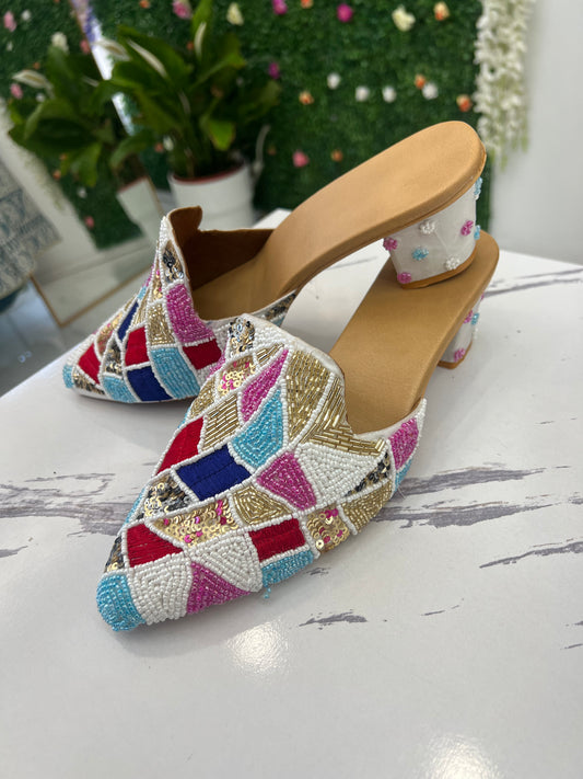 Multi color on white heel shoes