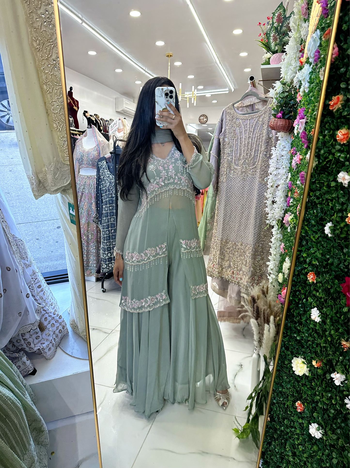 Mint party wear short kameez suit