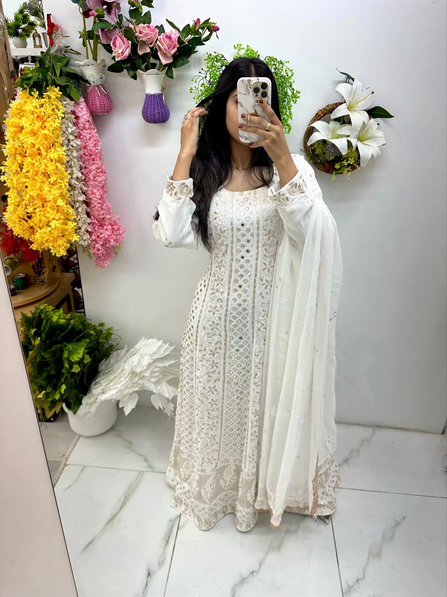 White mukesh work original mirror gown suit