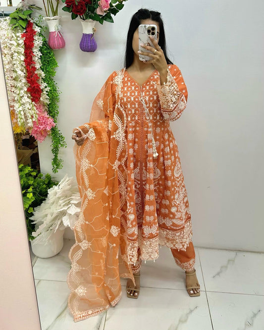 Light orange chikankari lawn suit