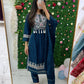 Dark blue chikankari naira cut three piece