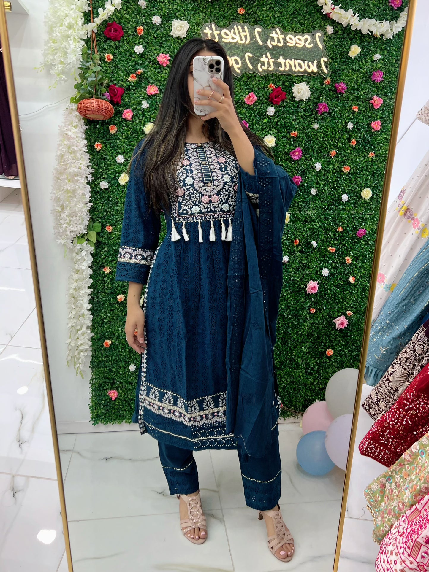 Dark blue chikankari naira cut three piece