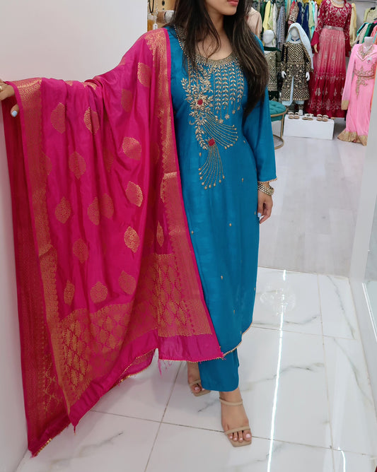 Blue pink contrast linen suit