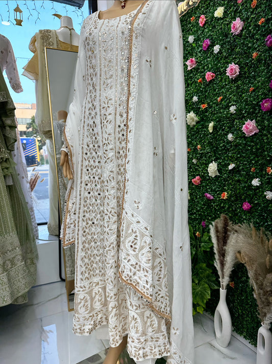 White mukesh work original mirror gown suit