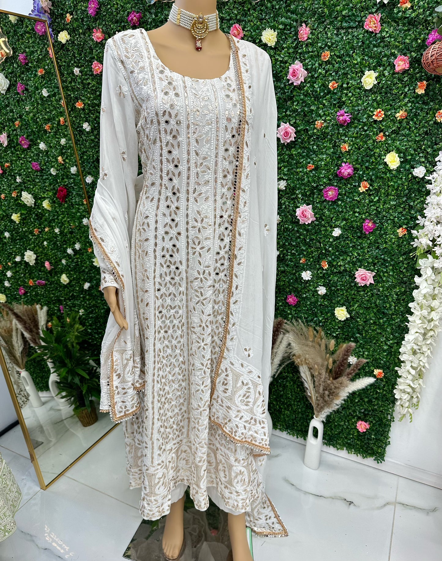 White mukesh work original mirror gown suit