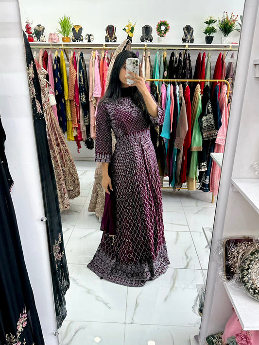 Deep plum split gown with skirt