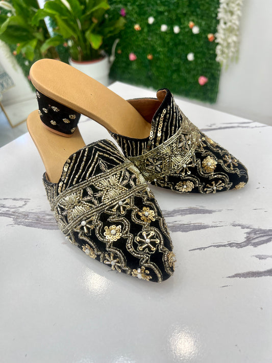 Black and gold hand work heels