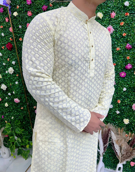 Light yellow cotton sequence kurta