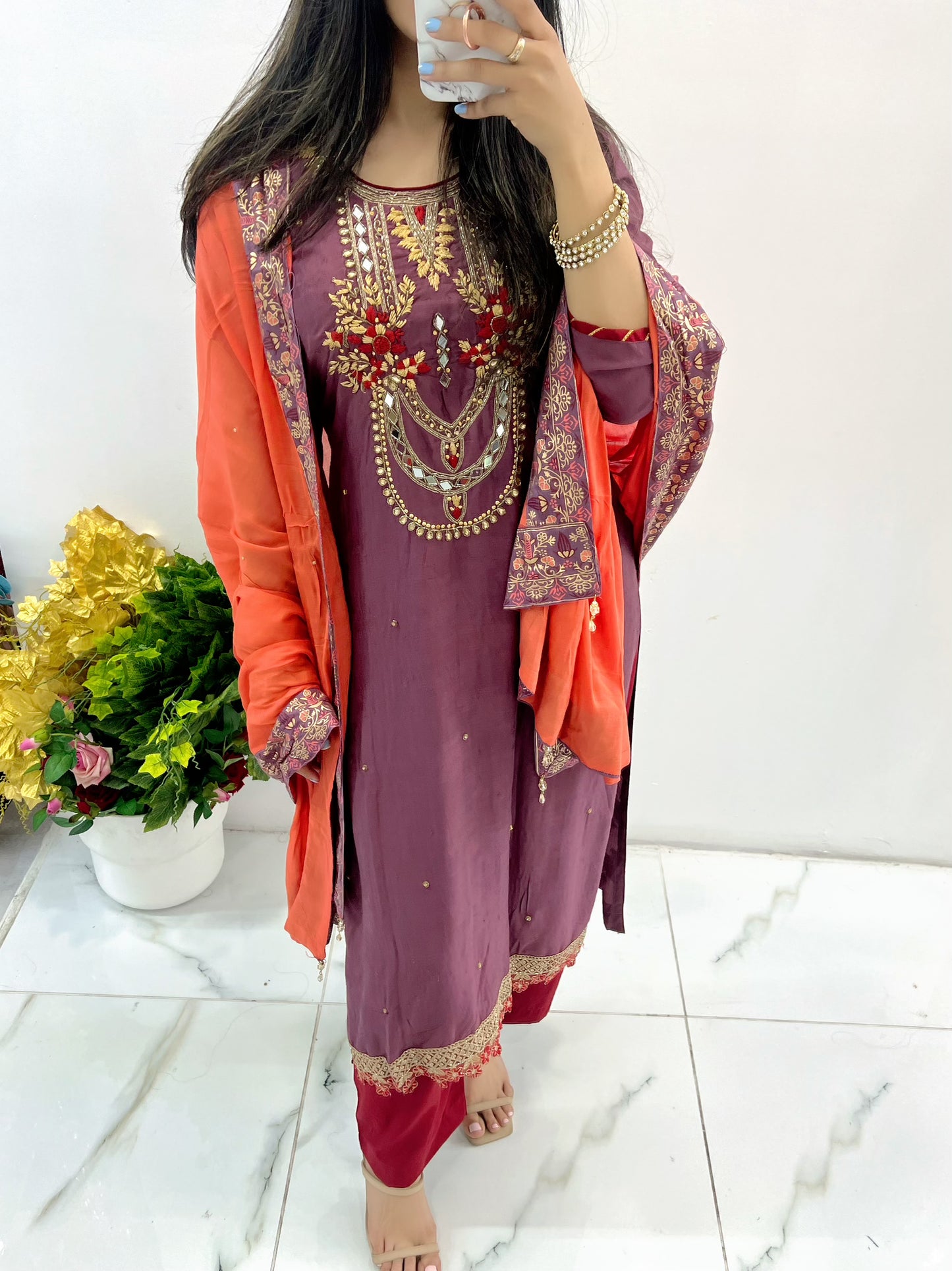 Mauve orange contrast linen suit