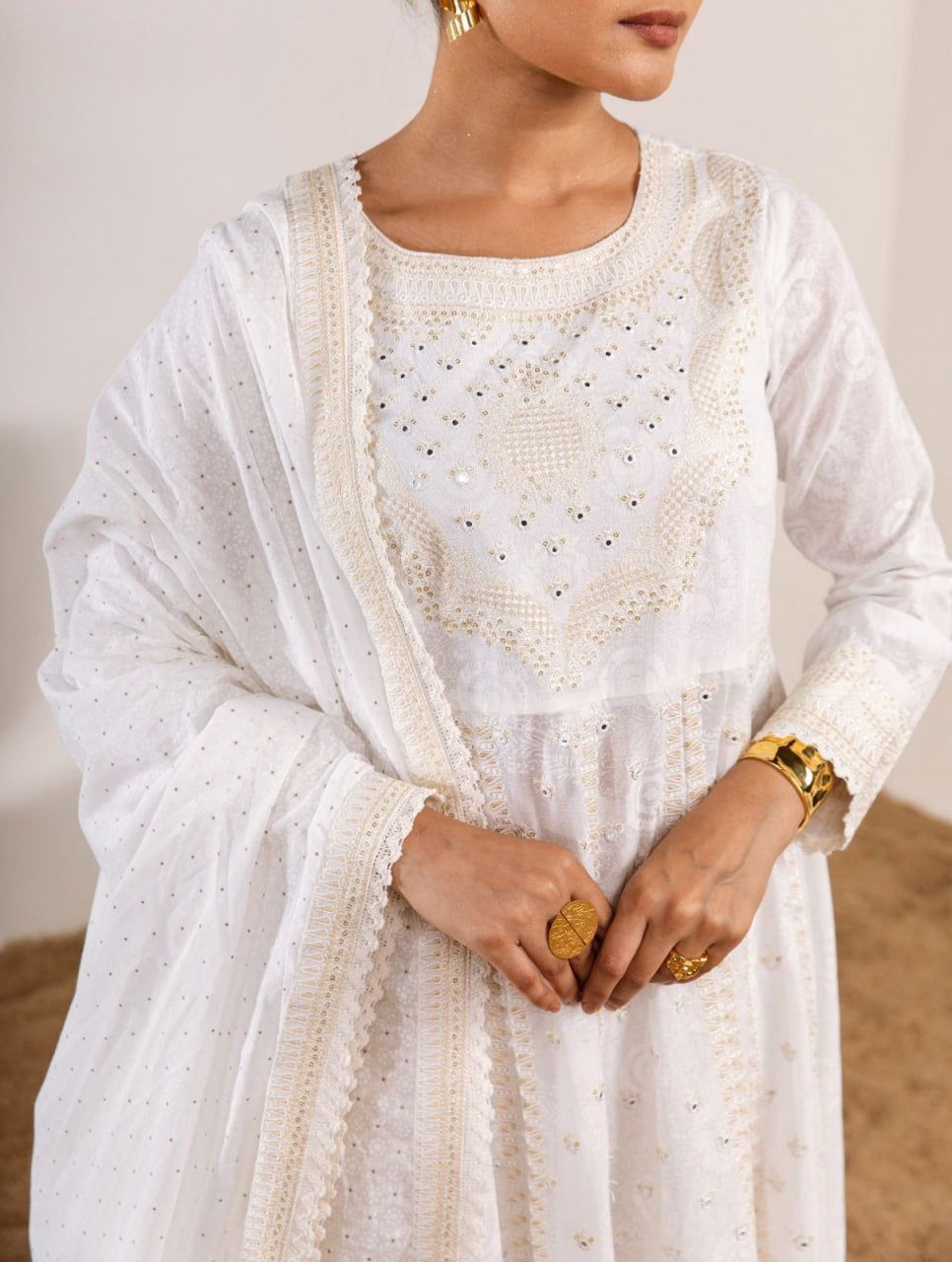 White anarkali three piece