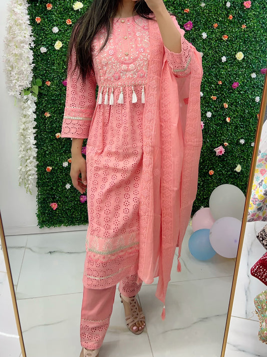 Pink chikankari naira cut three piece