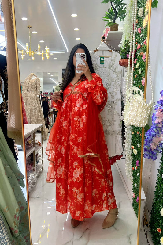 Alia cut orange floral gown