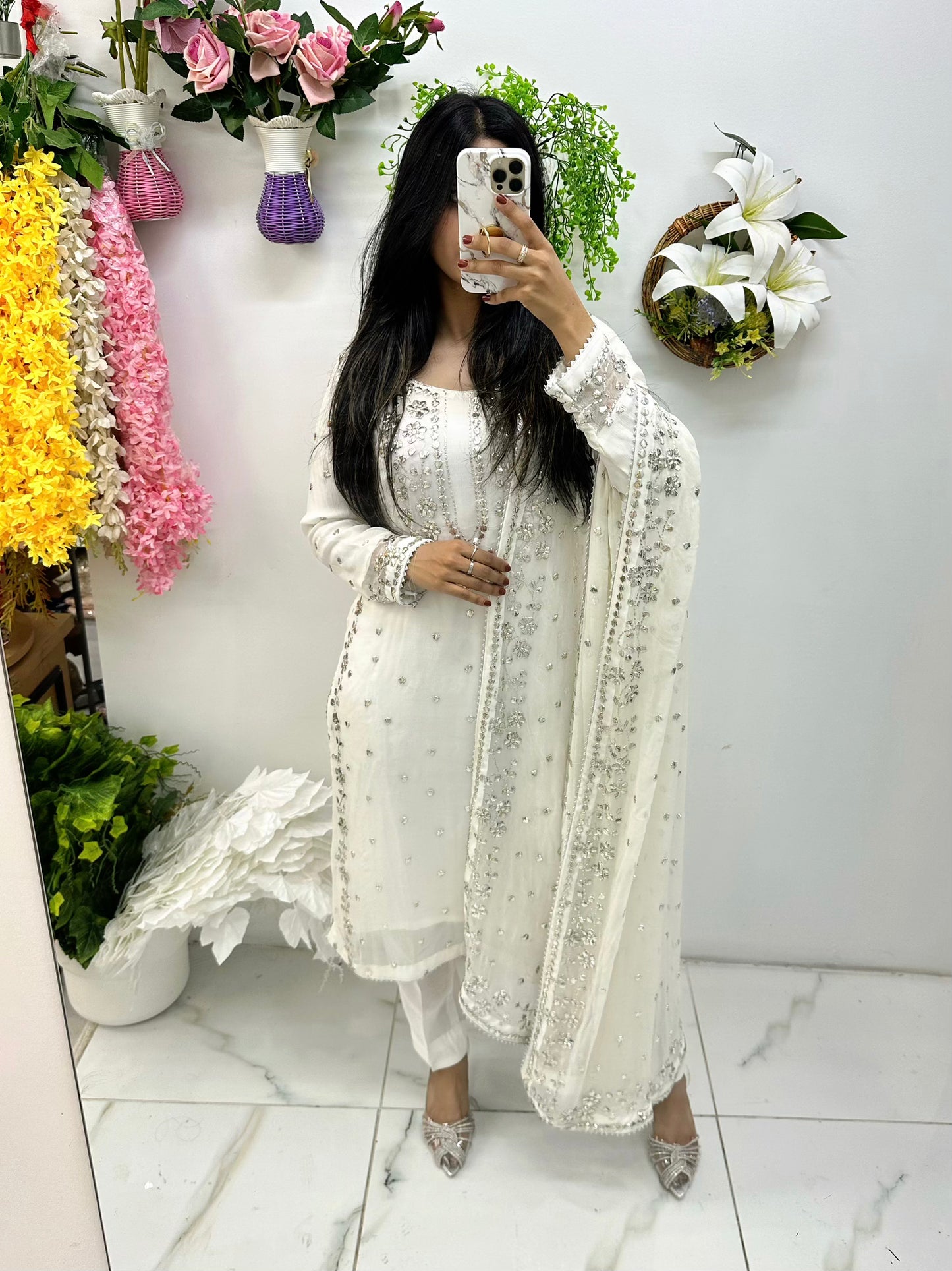White three piece with heavy gotha patti work