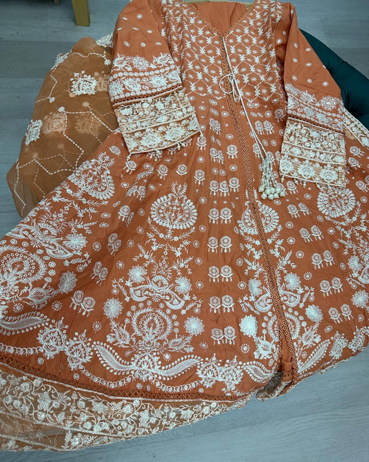 Light orange chikankari lawn suit