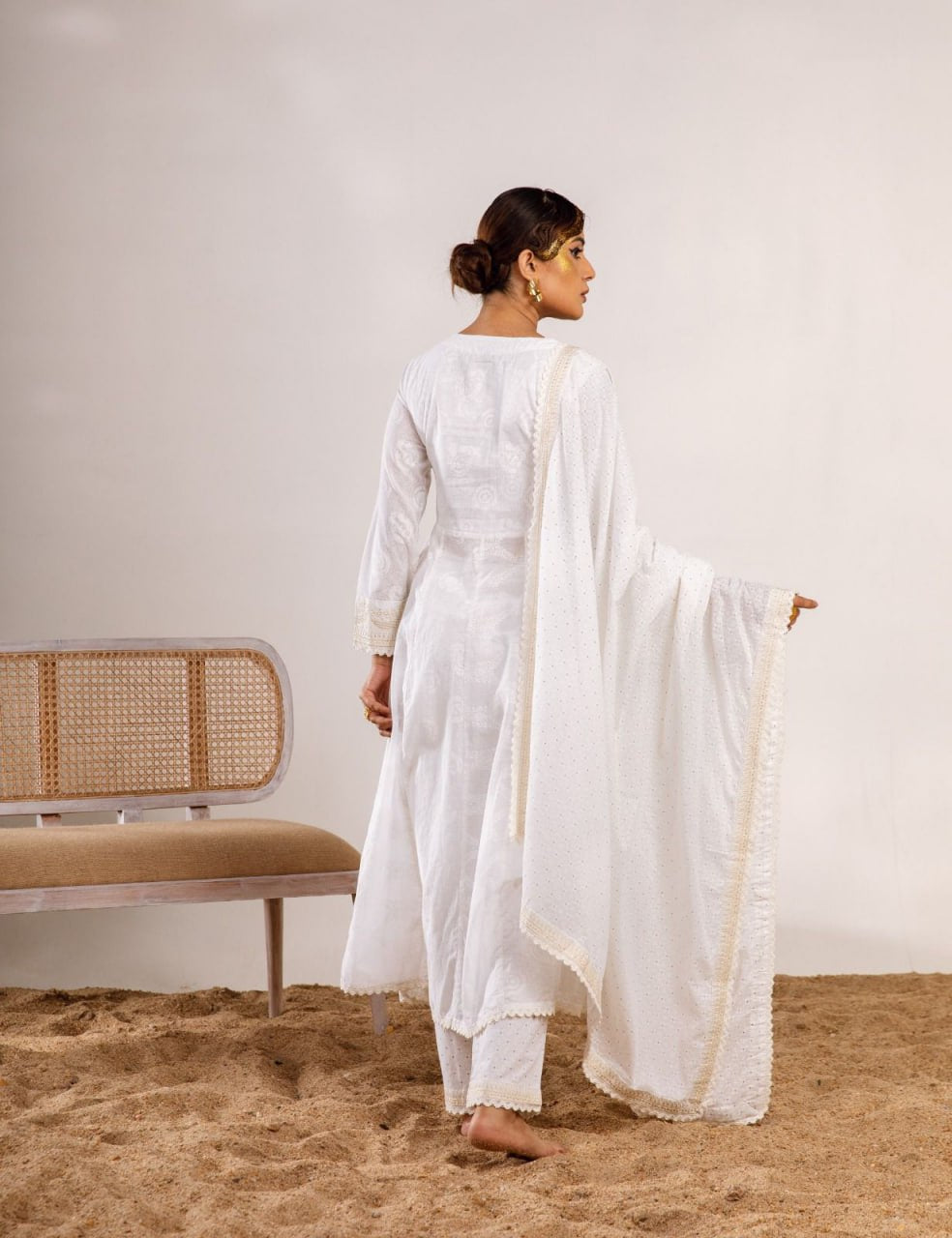 White anarkali three piece