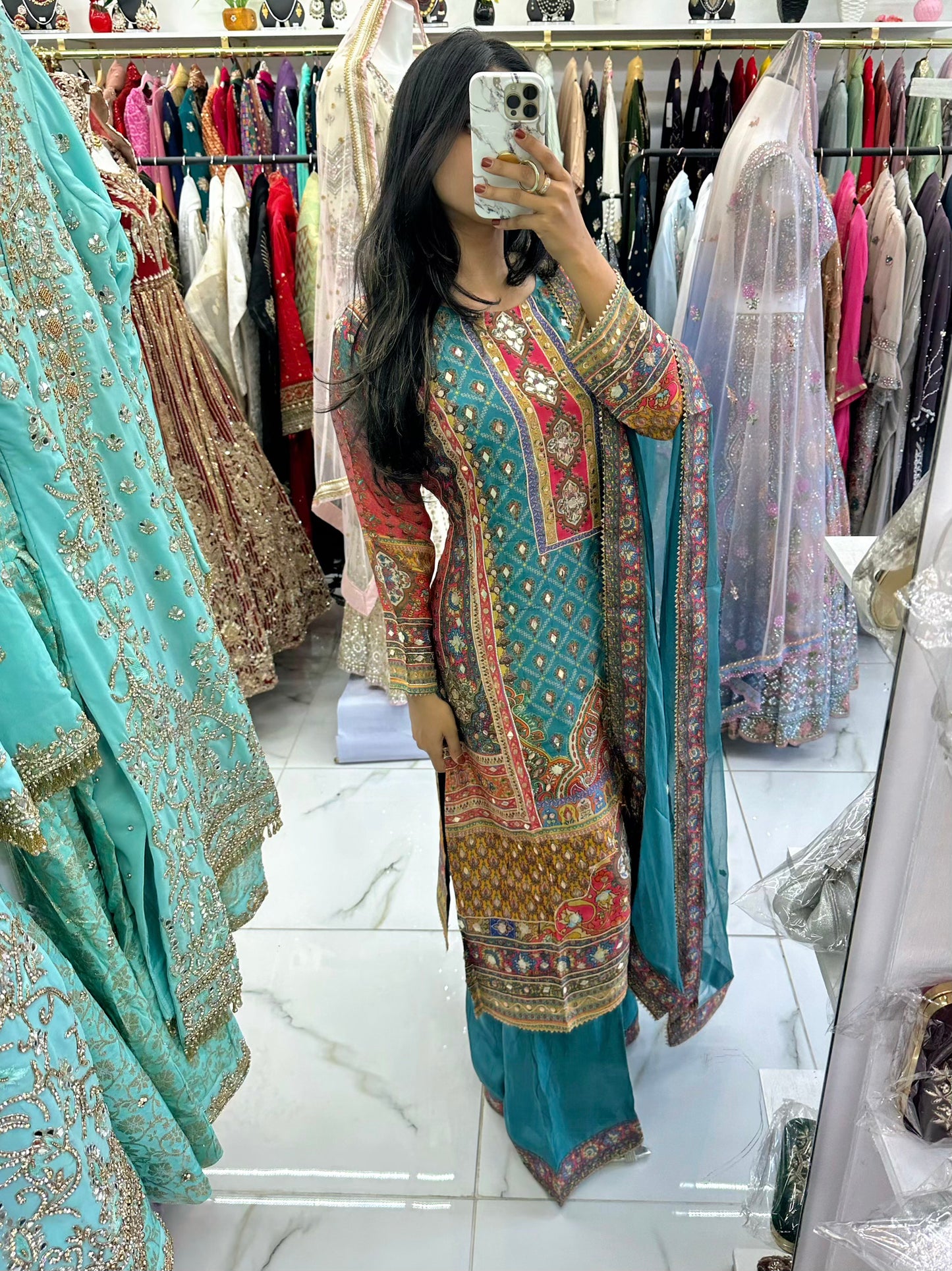 Gotta patti blue silk suit