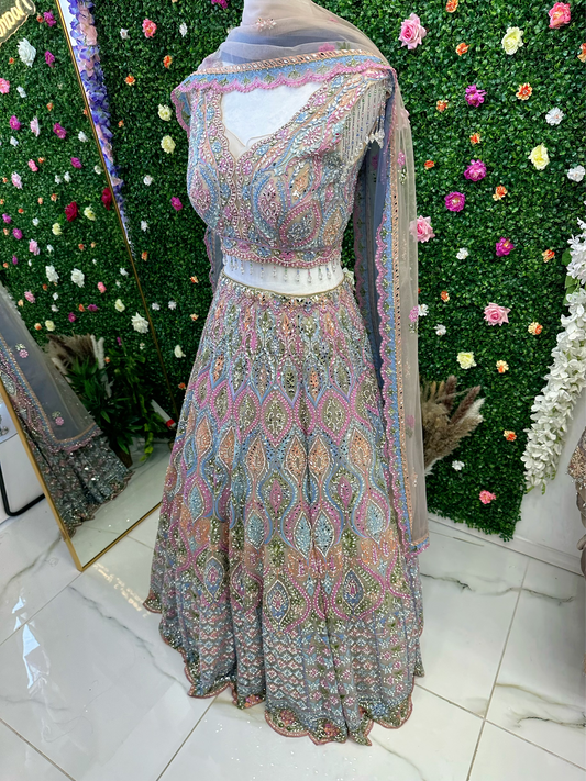 Lilac multi work bridal lehenga