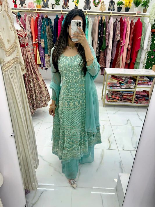Mint blue anarkali chikankari suit