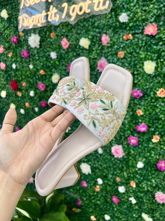 White floral heels with cushioning for comfort