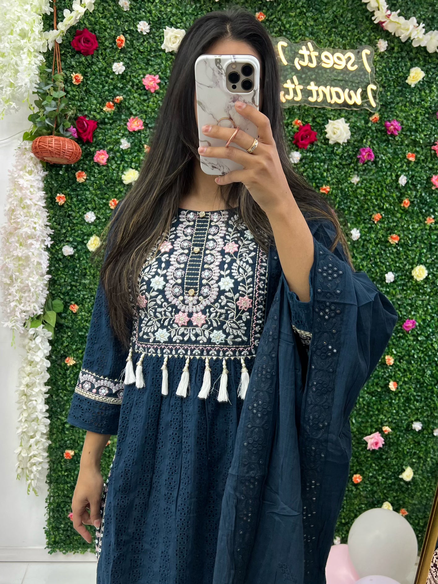 Dark blue chikankari naira cut three piece