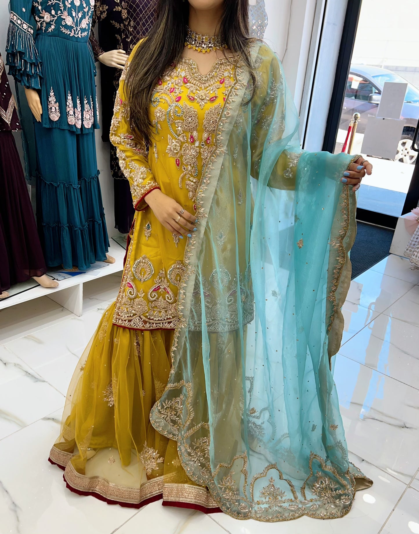 Mustard yellow contrast bridal gharara