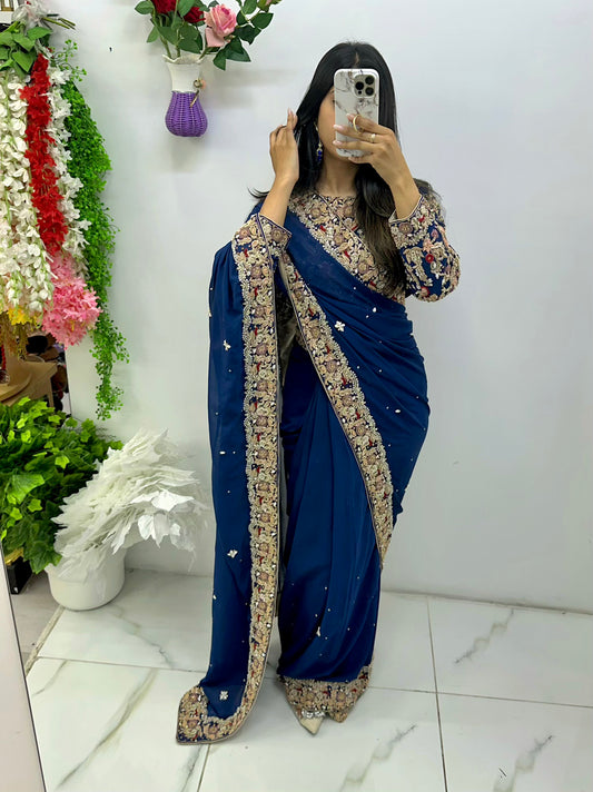 Ready made fancy royal blue saree