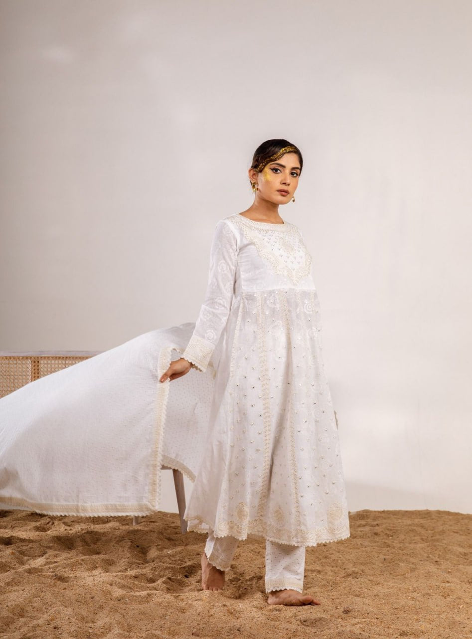 White anarkali three piece