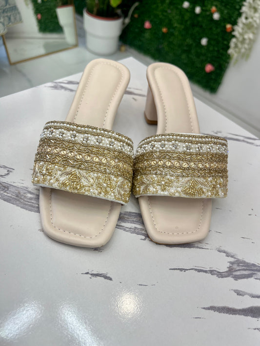 Gold and white heels with cushion for comfort