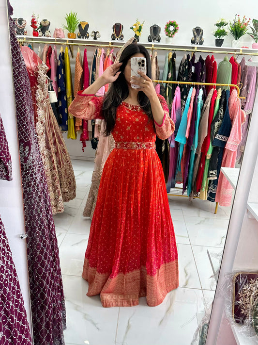 Chunri print belted gown