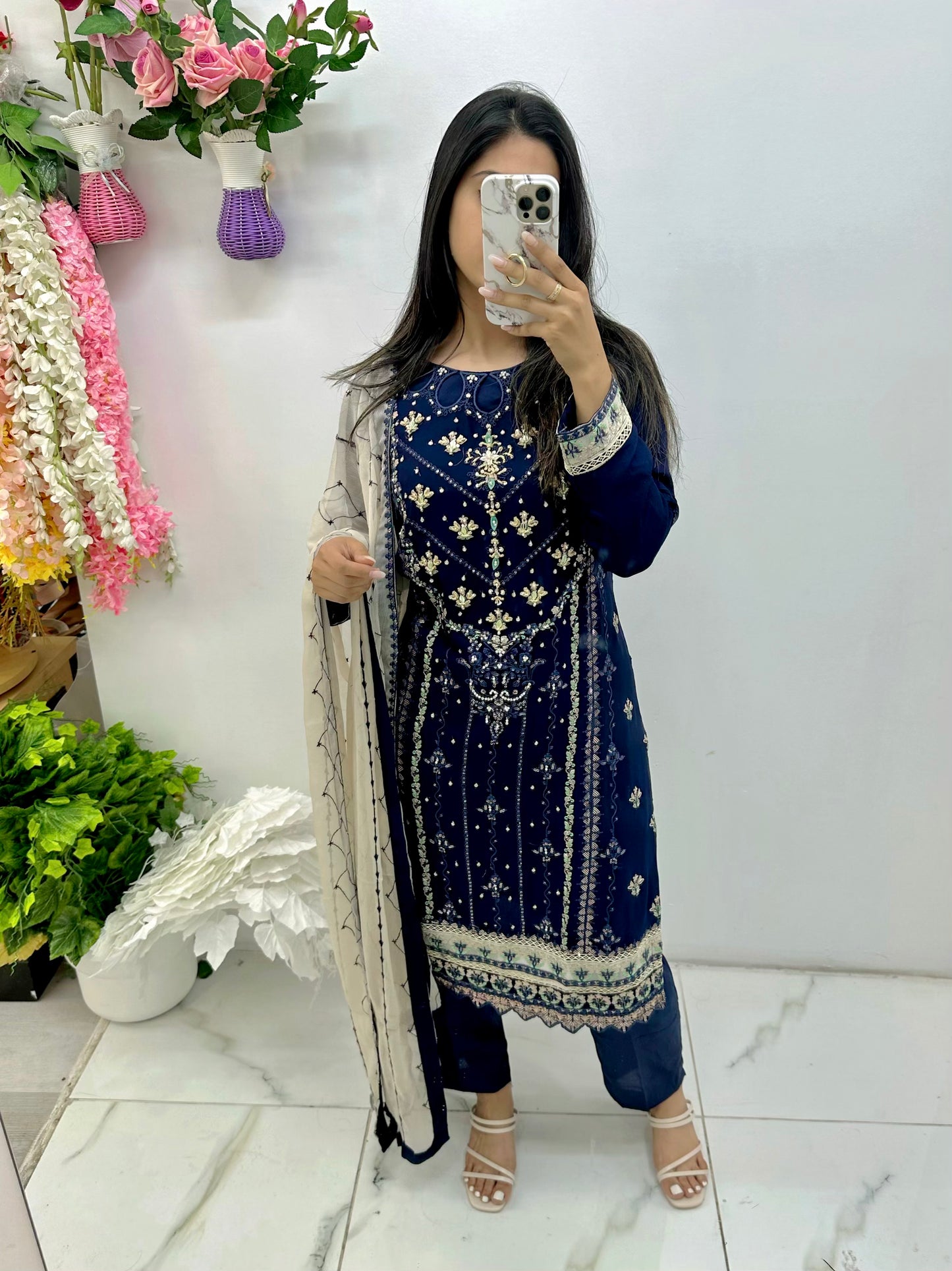 Navy blue & ivory chiffon three piece suit