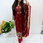 Maroon heavy embroidered lawn suit