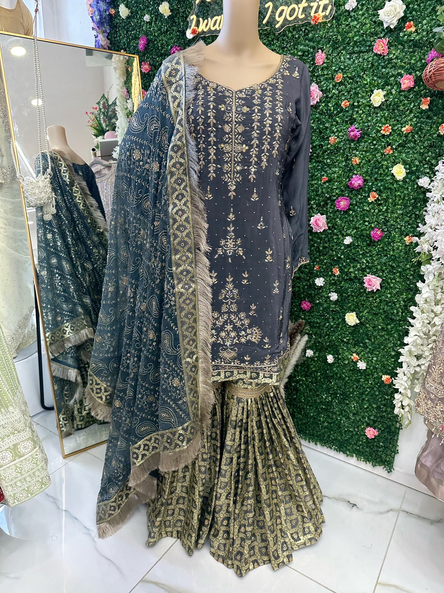 Dark grey farsi gharara silk suit