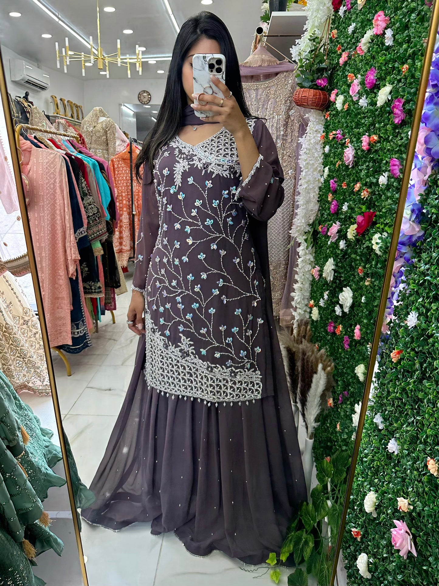 Greyish purple party skirt suit