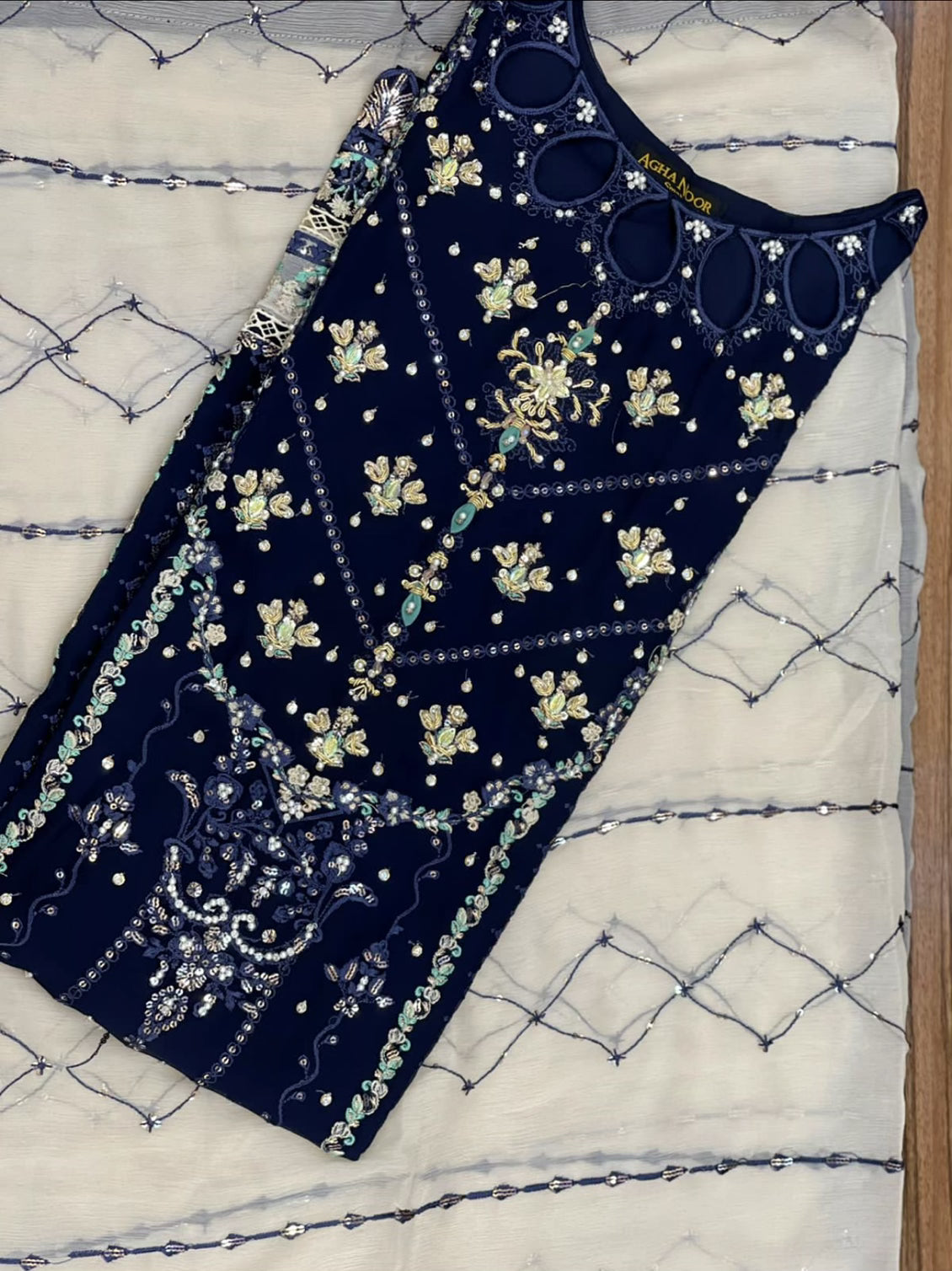 Navy blue & ivory chiffon three piece suit