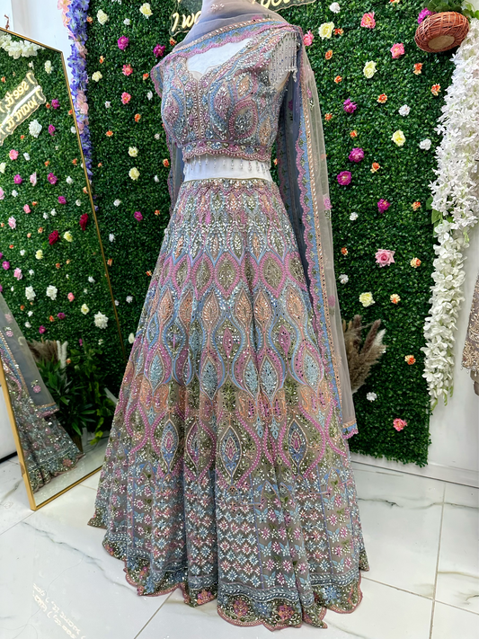 Lilac multi work bridal lehenga