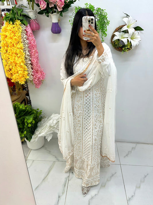 White mukesh work original mirror gown suit