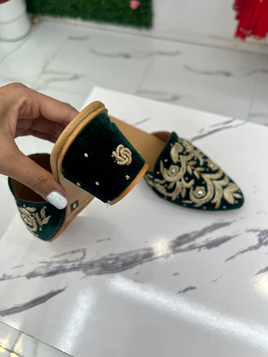 Dark emerald green embroidered heels