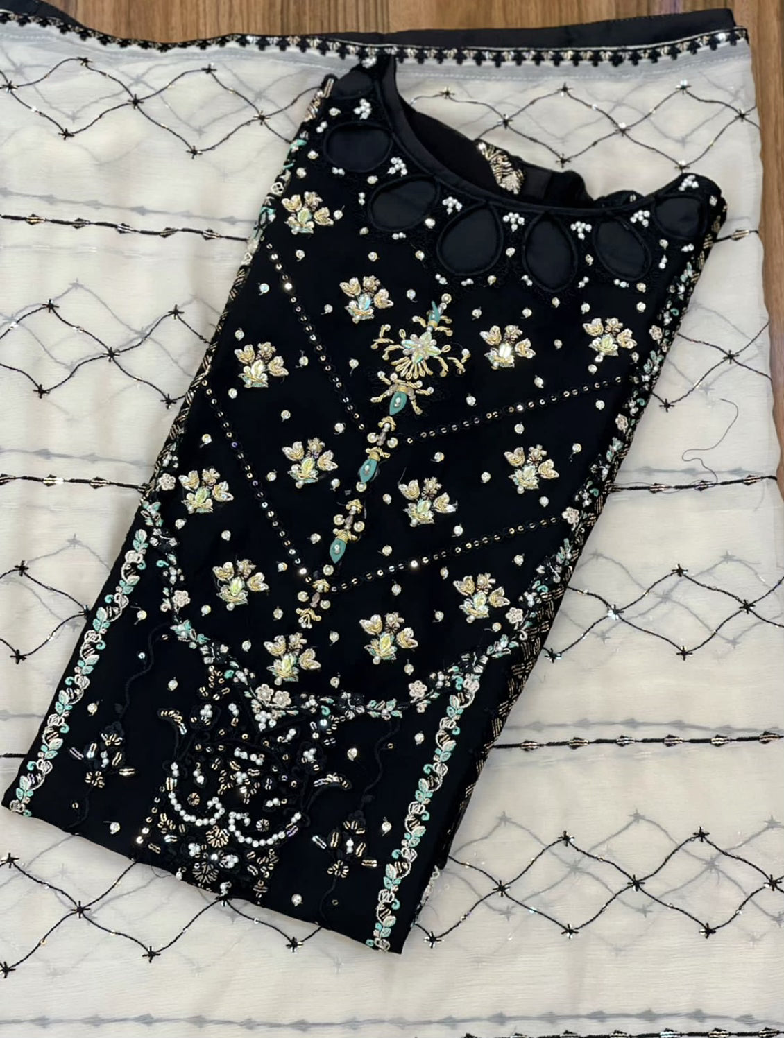 Black and ivory chiffon suit
