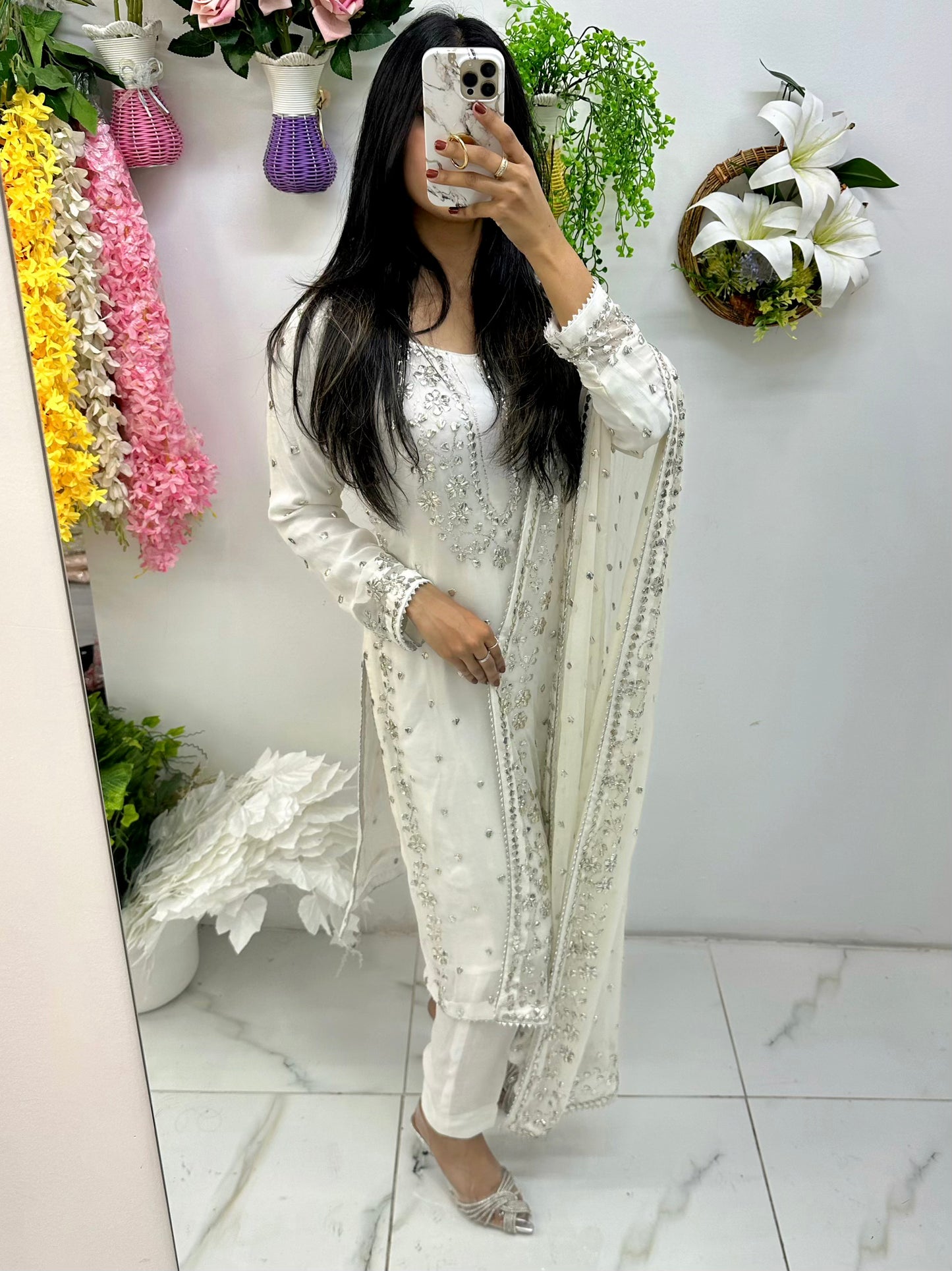 White three piece with heavy gotha patti work