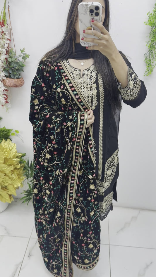 Black velvet heavy embroidered shawl