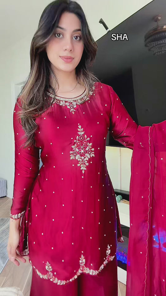 Satin silk maroon short kameez suit
