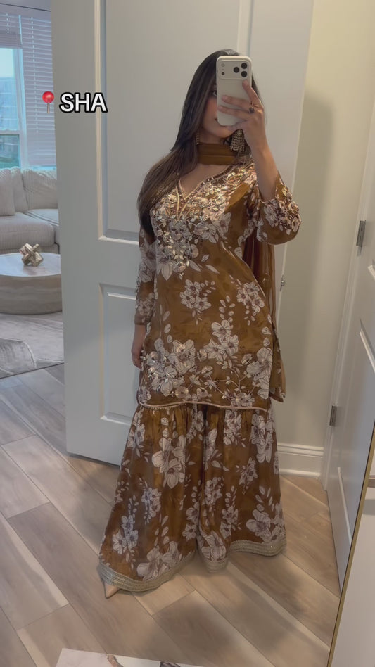 Brown silk floral gharara suit